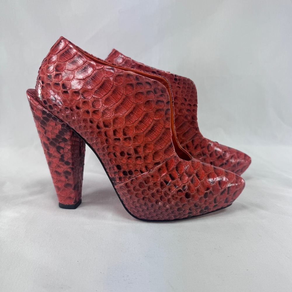 LOEFFLER RANDALL Snakeskin 1" Platform Booties Leather Orange 5" High Heel NEW 7